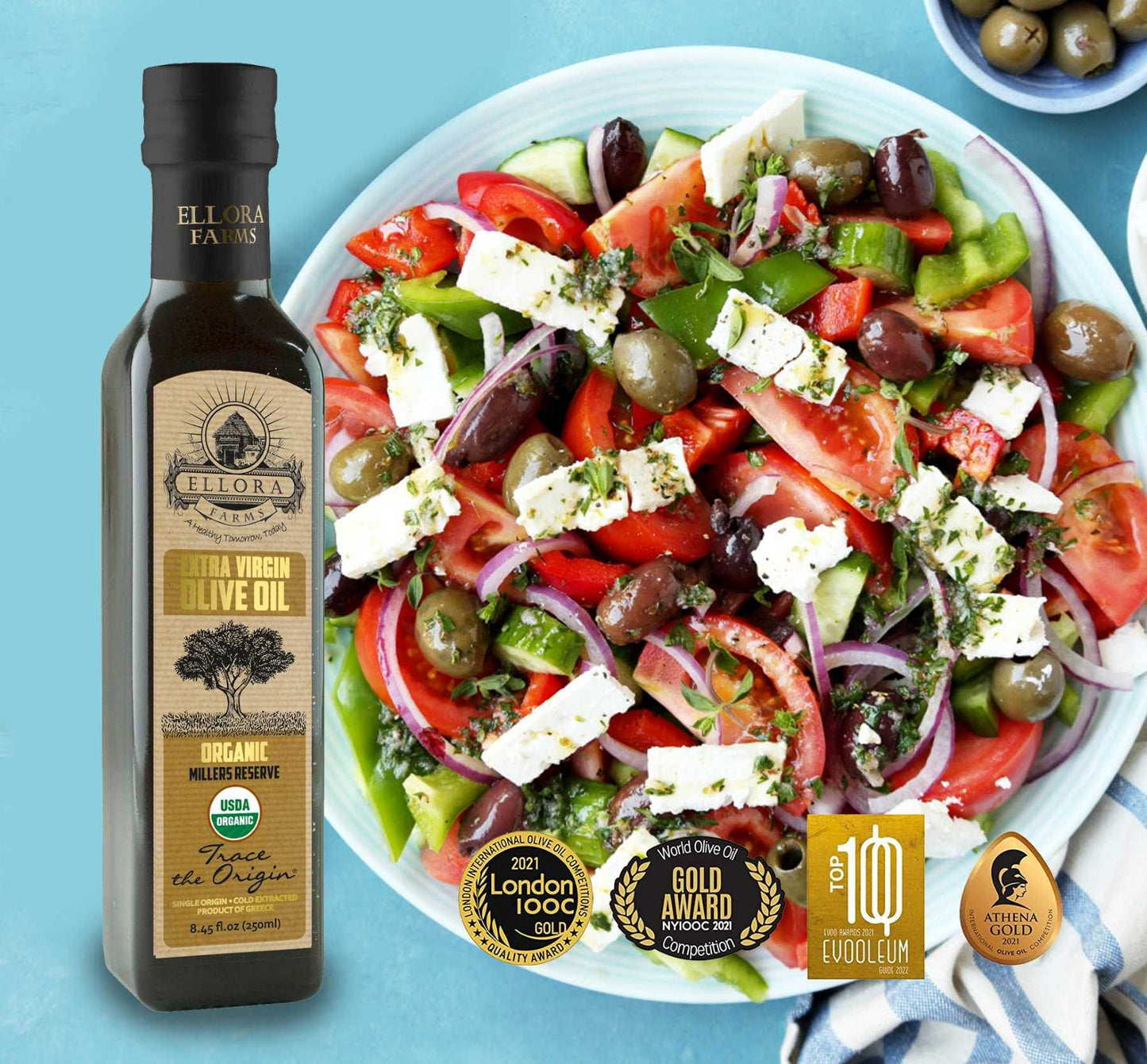 Ellora Farms, Certified USDA Organic Greek Traceable Extra Virgin Olive Oil, 8.45 Oz. - ELLORA FARMS