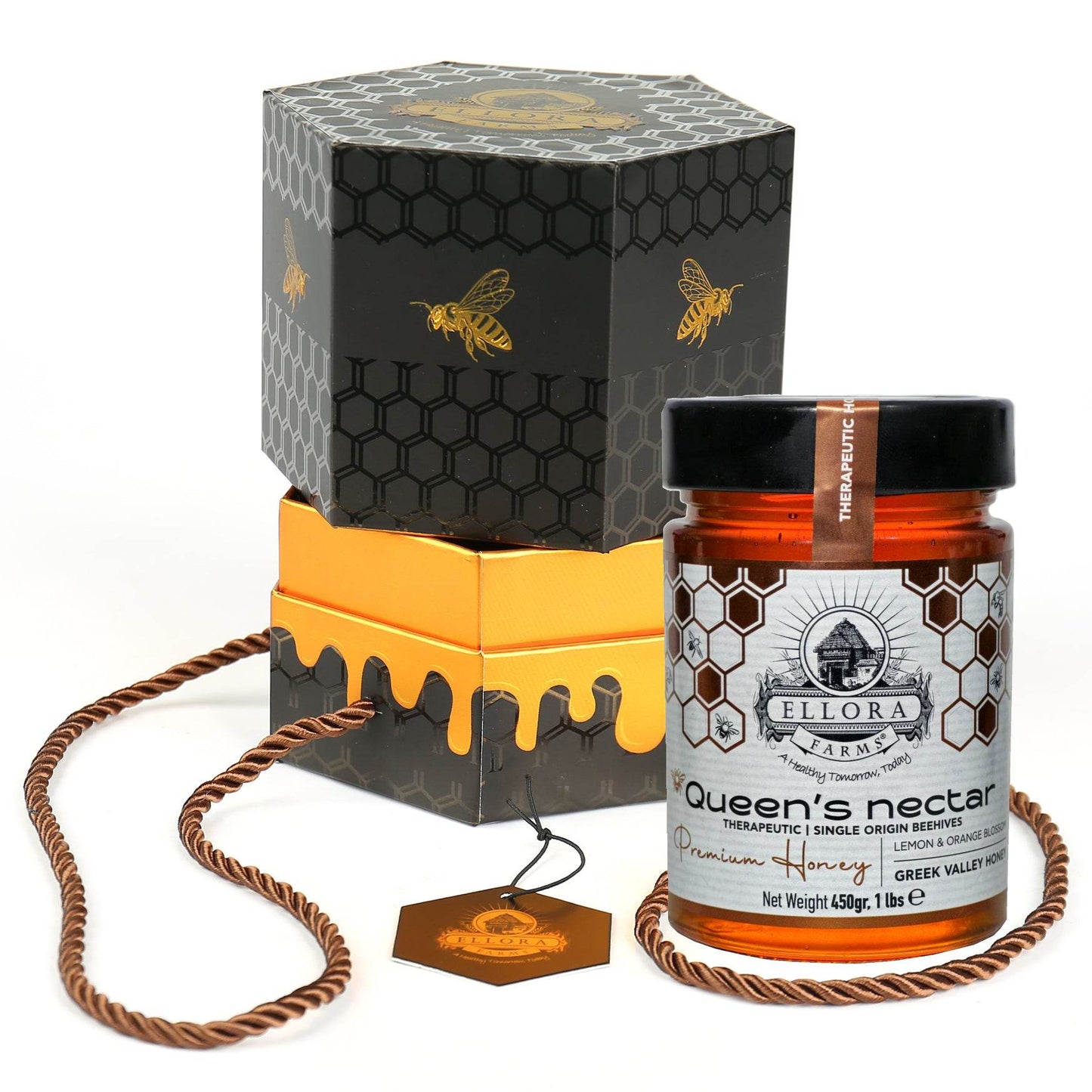 Greek Raw Honey, Queens Nectar, Lemon & Orange Blossom, 450g HONEY POT Gift Set - ELLORA FARMS