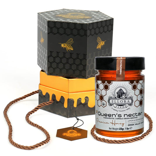Greek Raw Honey, Queens Nectar, Lemon & Orange Blossom, 450g HONEY POT Gift Set - ELLORA FARMS
