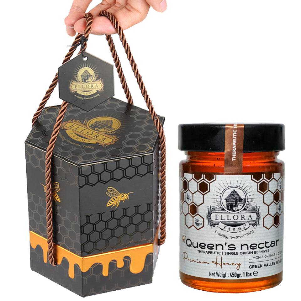 Greek Raw Honey, Queens Nectar, Lemon & Orange Blossom, 450g HONEY POT Gift Set - ELLORA FARMS