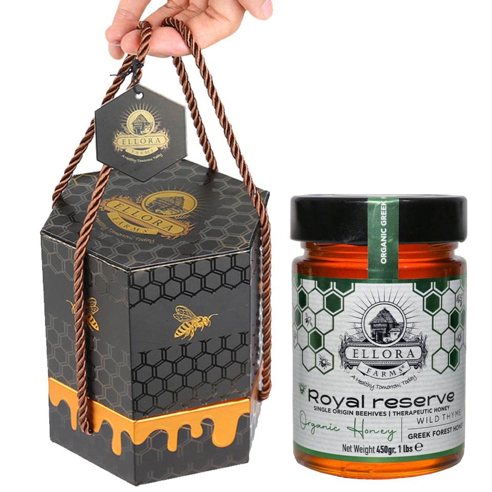 Organic Greek Raw Honey, Royal Reserve, Wild Thyme Gift of Honey, 450g HONEY POT Gift Set - ELLORA FARMS
