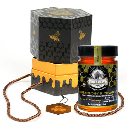 Single Estate PDO Greek Honey, Beekeepers Reserve, Pine & Thyme, 450g HONEY POT Gift - ELLORA FARMS