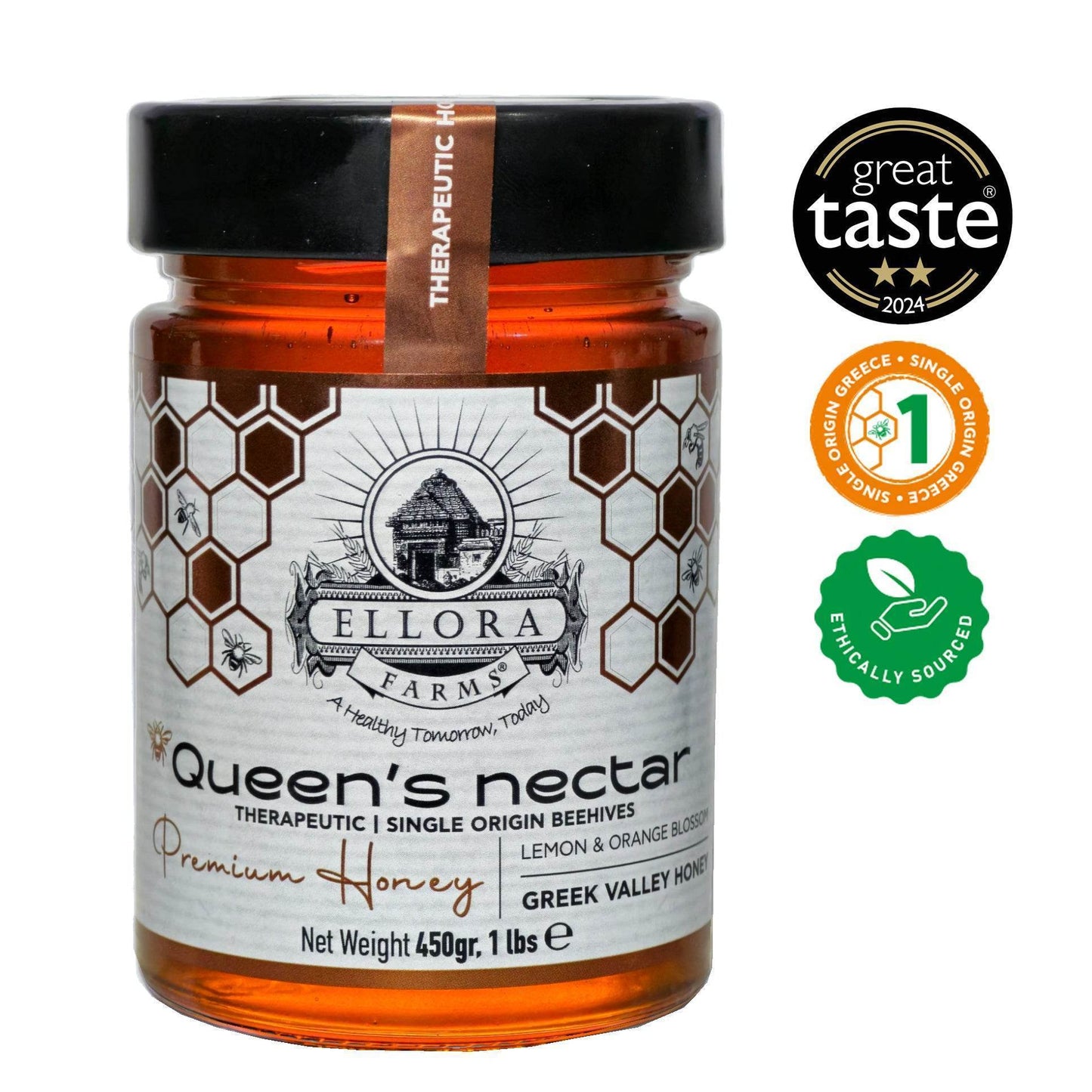 Greek Raw Honey, Queens Nectar, Lemon & Orange Blossom Therapeutic Honey, 450g - ELLORA FARMS