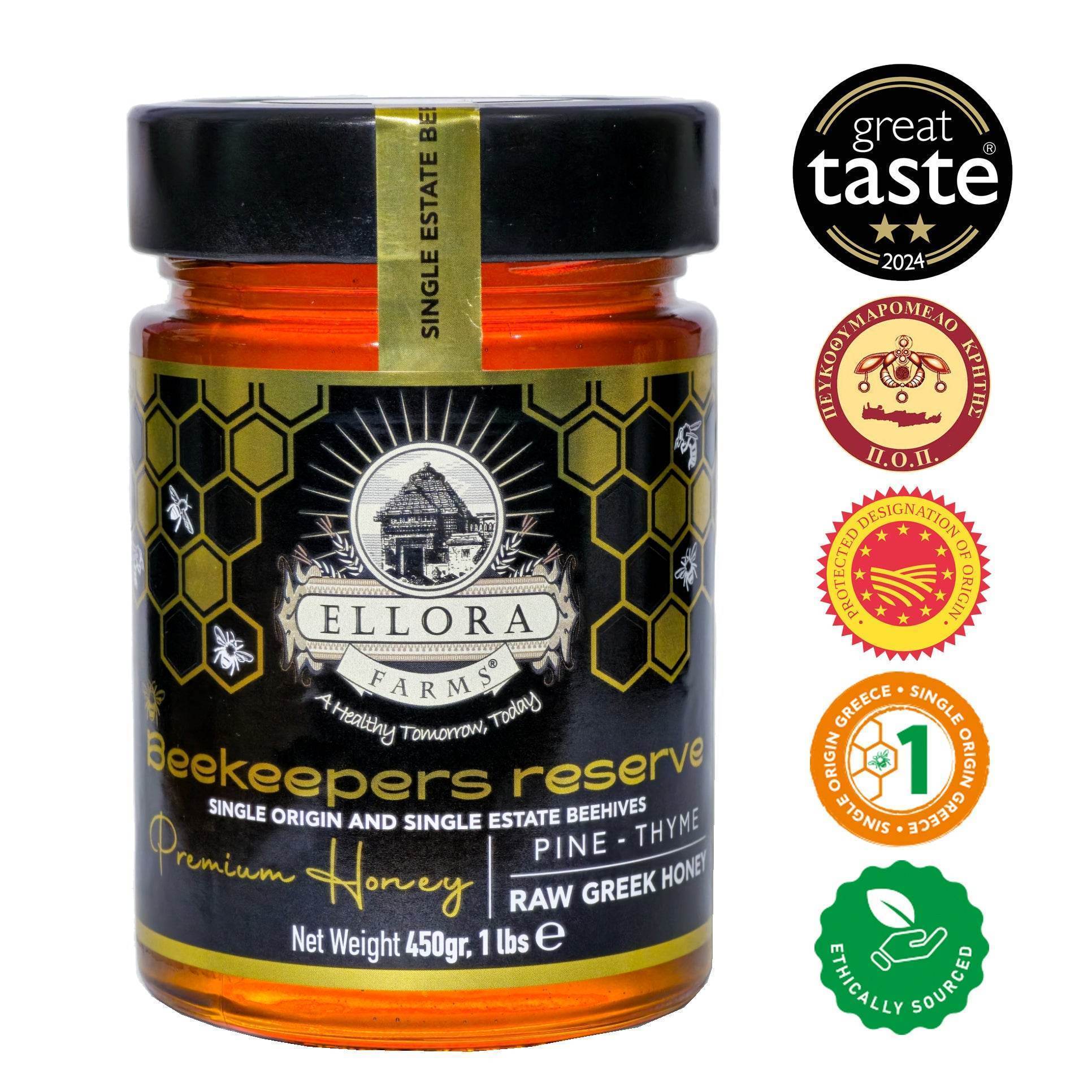 Single Estate PDO Greek Honey, Beekeepers Reserve, Pine & Thyme Honey, 450g - ELLORA FARMS