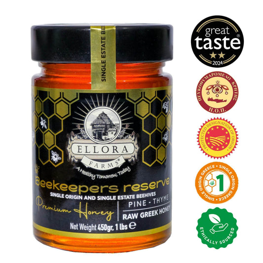 Single Estate PDO Greek Honey, Beekeepers Reserve, Pine & Thyme Honey, 450g - ELLORA FARMS