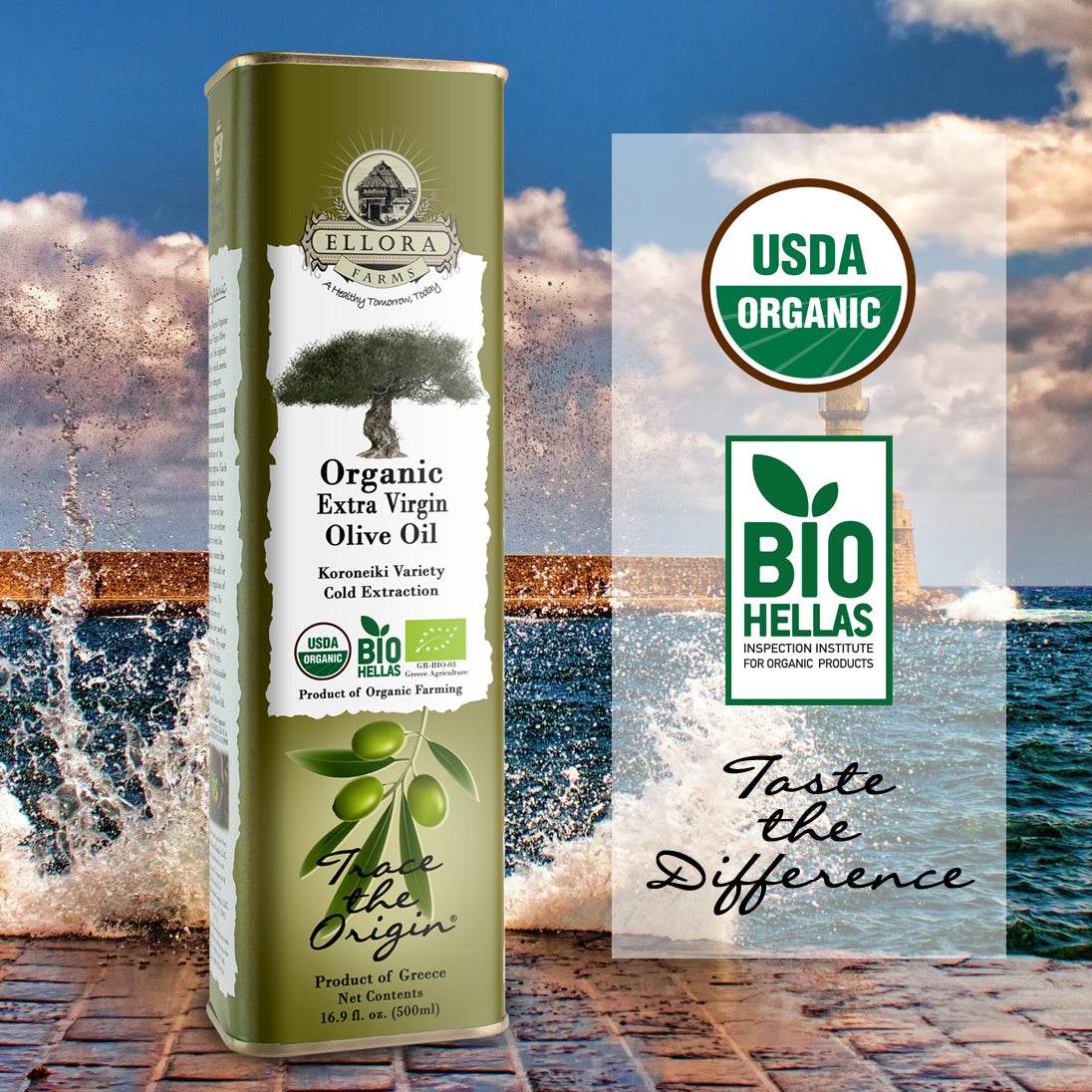 Certified USDA Organic Extra Virgin Olive Oil, Traceable & Single Origin, 16.9 Oz. Tin - ELLORA FARMS