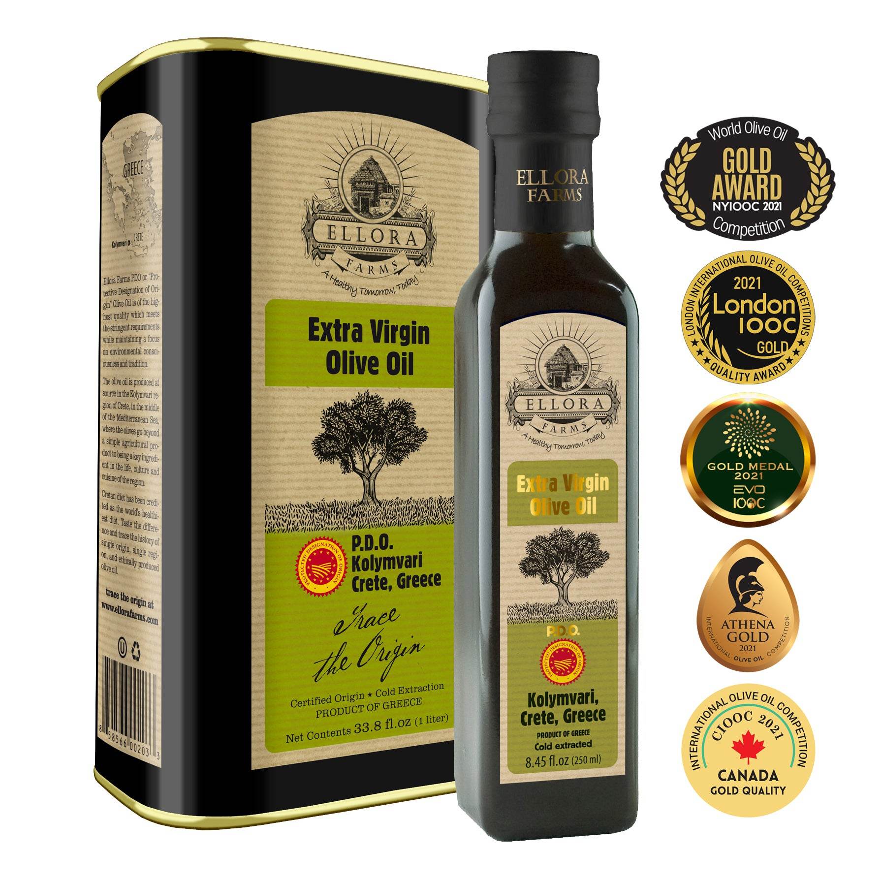 Traceable Single Estate Greek Extra Virgin Olive Oil, Kosher & PDO Certified, 33.8 + 8.5 oz. Combo - ELLORA FARMS