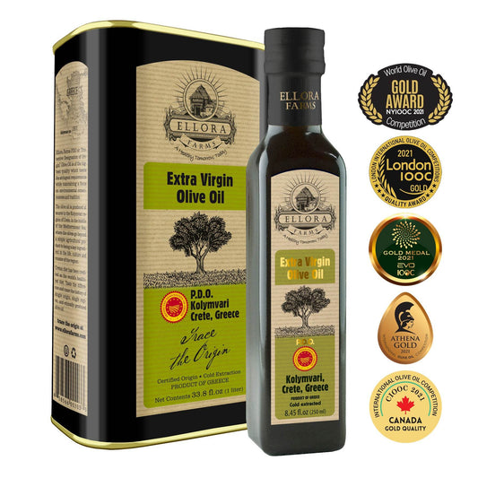 Traceable Single Estate Greek Extra Virgin Olive Oil, Kosher & PDO Certified, 33.8 + 8.5 oz. Combo - ELLORA FARMS