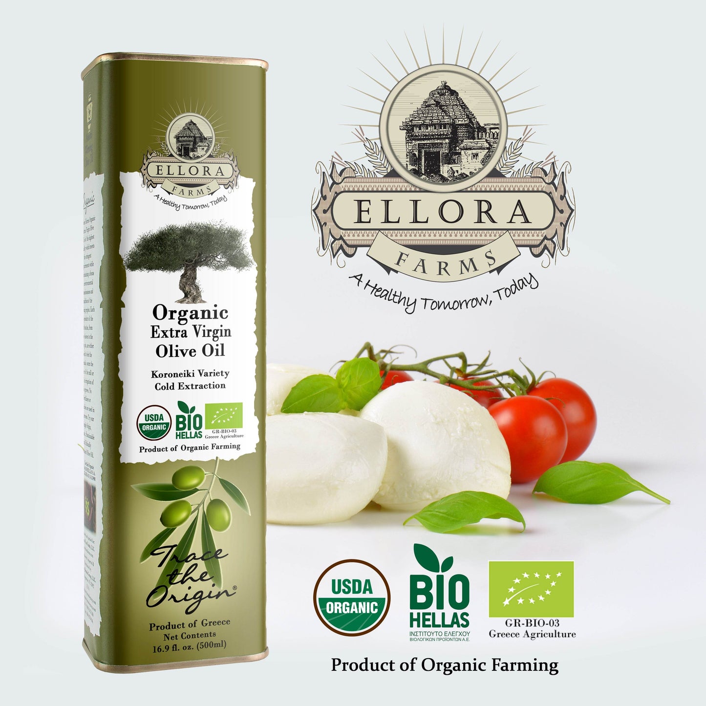 Certified USDA Organic Extra Virgin Olive Oil, Traceable & Single Origin, 16.9 Oz. Tin - ELLORA FARMS