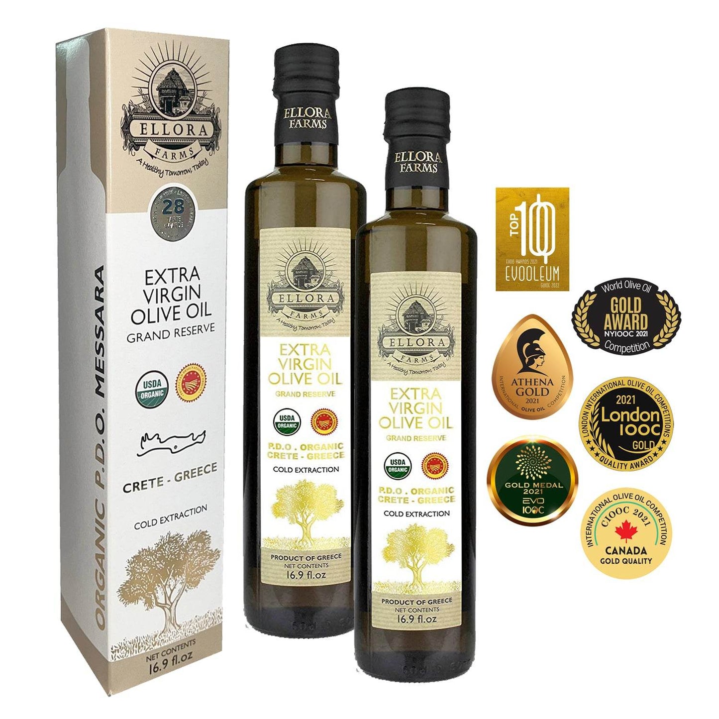 Global Award Organic PDO Extra Virgin Olive Oil, Single Estate Messara Valley Greece, 17 Oz Bottle - ELLORA FARMS