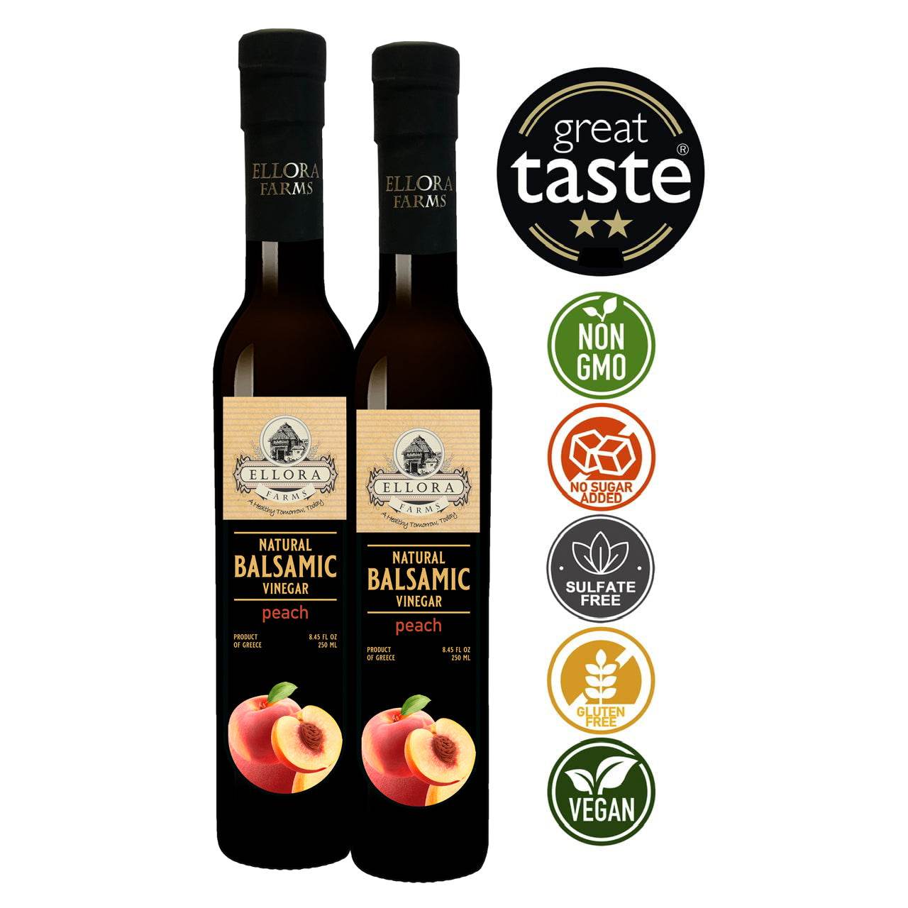 Peach Infused Balsamic Vinegar, Thick & Smooth, Product Of Crete, Greece, 8.5 oz. Each - ELLORA FARMS