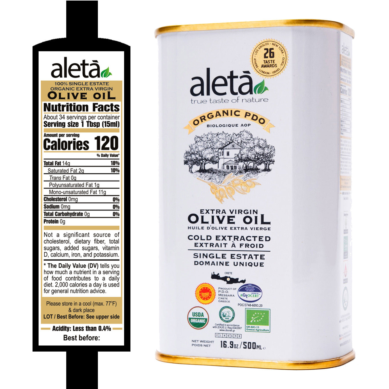 Aleta Organic & PDO Single Estate Traceable Extra Virgin Greek Olive Oil, 500 ml (17 oz) Tin