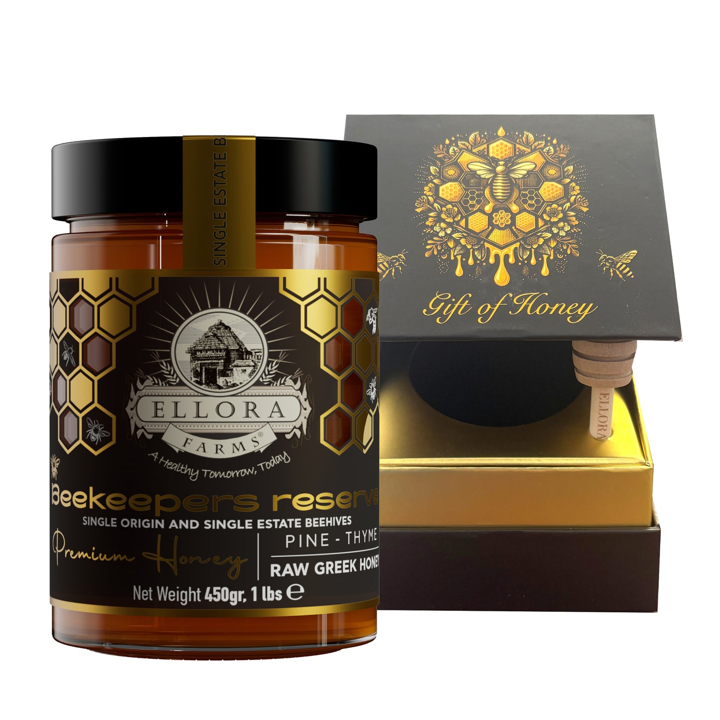 Single Estate PDO Greek Honey, Beekeepers Reserve, Pine & Thyme, 450g CUBE Gift Set