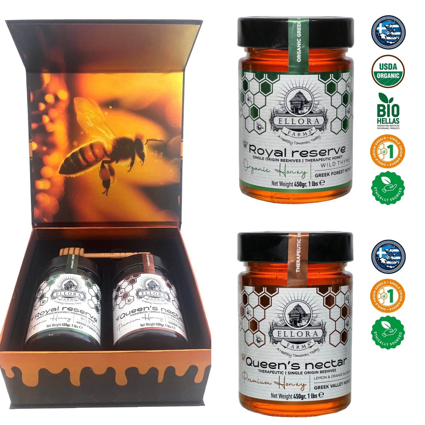 Organic Royal Reserve & Queens Nectar Award Winning Raw Greek Honey, 1 lb. Each Combo Gift Pack - ELLORA FARMS