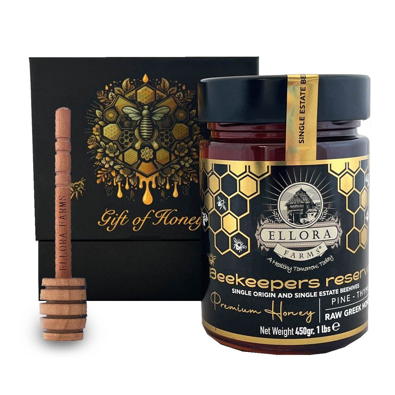 Single Estate PDO Greek Honey, Beekeepers Reserve, Pine & Thyme, 450g CUBE Gift Set - ELLORA FARMS