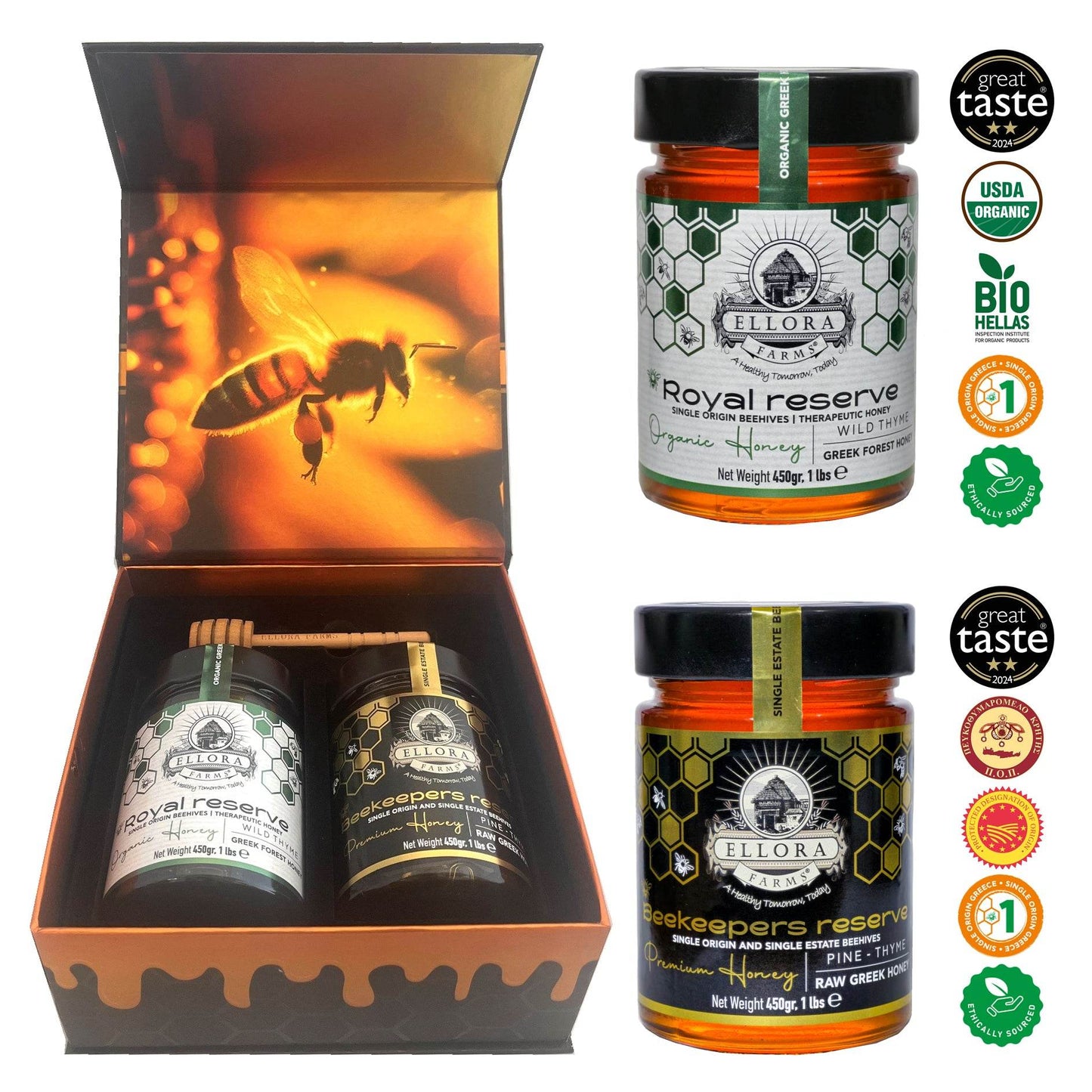Organic Royal Reserve and Beekeepers Reserve PDO Single Estate Raw Greek Honey, 1 lb. Each Combo Gift Pack - ELLORA FARMS