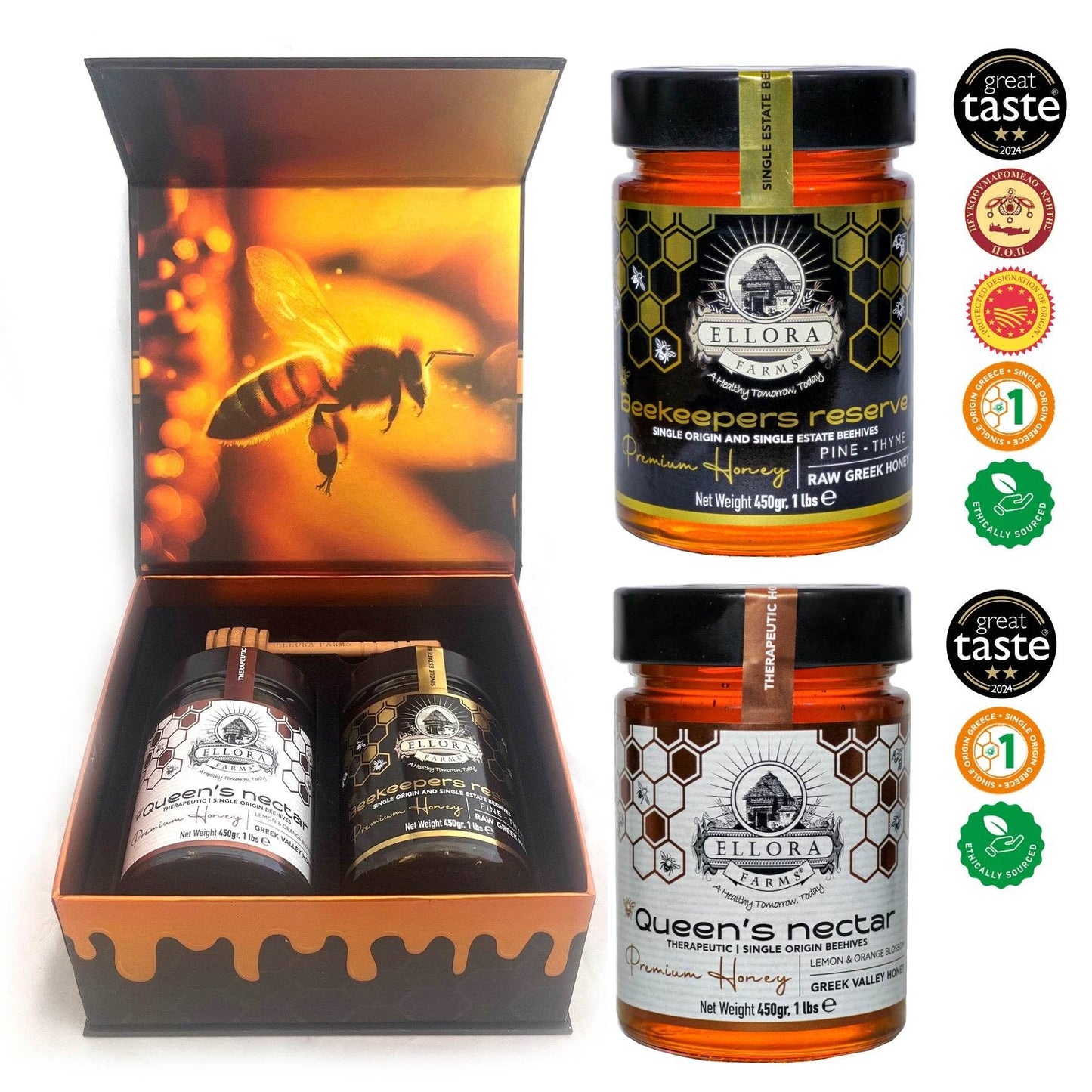 PDO Beekeepers Reserve & Queens Nectar Platinum Awarded, Raw Greek Honey, 1 lb. Each Combo Gift Pack - ELLORA FARMS