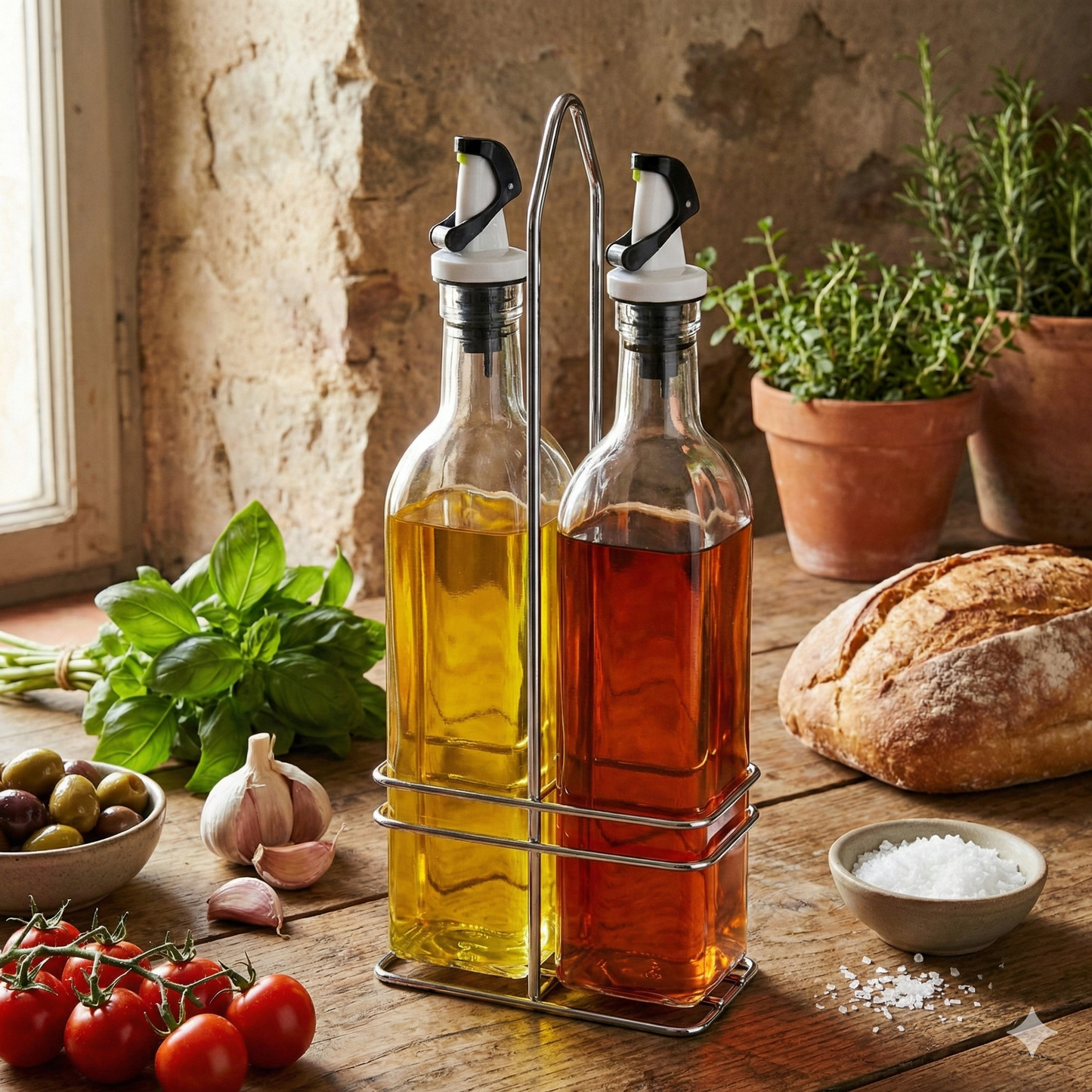 Apollo Chef Cruet Glass Bottle Set, Gravity Pourer, Oil & Vinegar Dispenser, 16 fl oz. X 2 Bottles