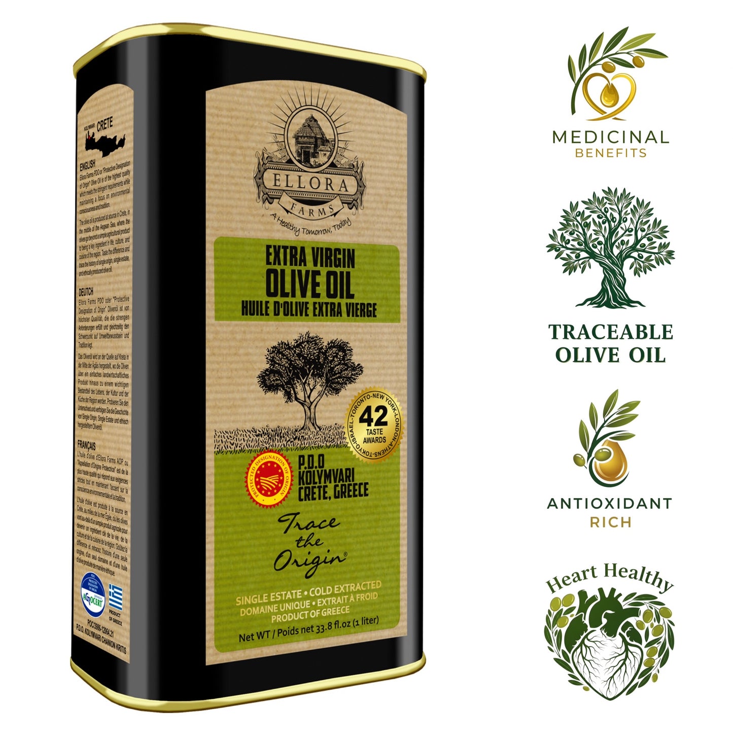 Traceable 2025 Harvest Kolymvari Estates Greek Extra Virgin Olive Oil, Kosher & PDO Certified, 33.8 oz.