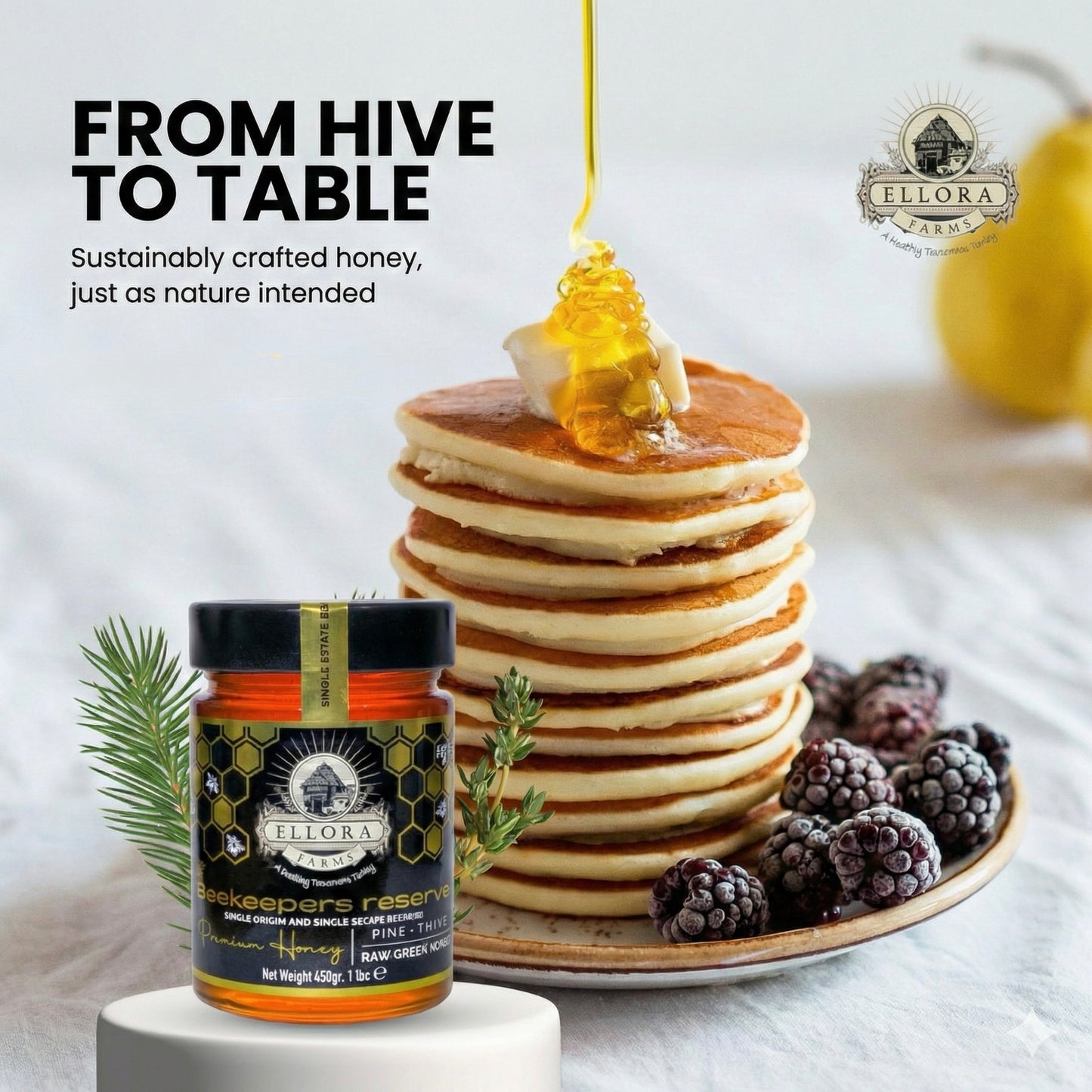 Ellora Farms, Single Estate PDO Greek Raw Honey, Pine & Thyme, Superfood, Includes Wooden Dippers, 1 lb Each, Twin Gift Pack