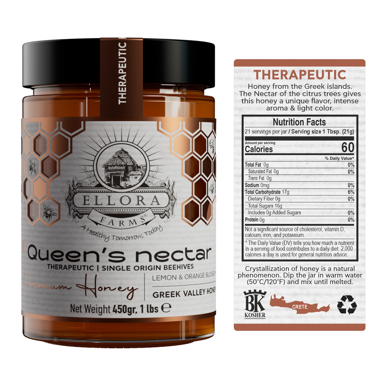 Ellora Farms, Queens Nectar, Lemon & Orange Blossom Honey, Greek Superfood, Includes Wooden Dippers, 1 lb. Each, Twin Gift Pack
