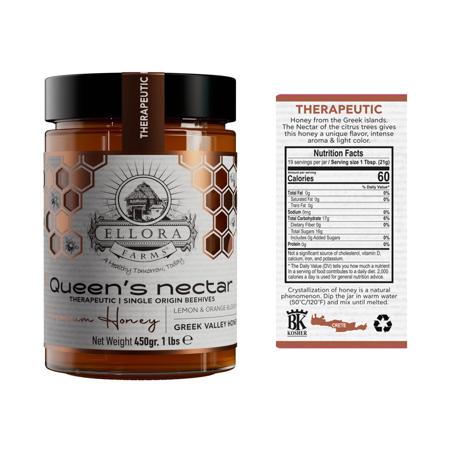 Greek Raw Honey, Queens Nectar, Lemon & Orange Blossom Therapeutic Honey, 450g - ELLORA FARMS