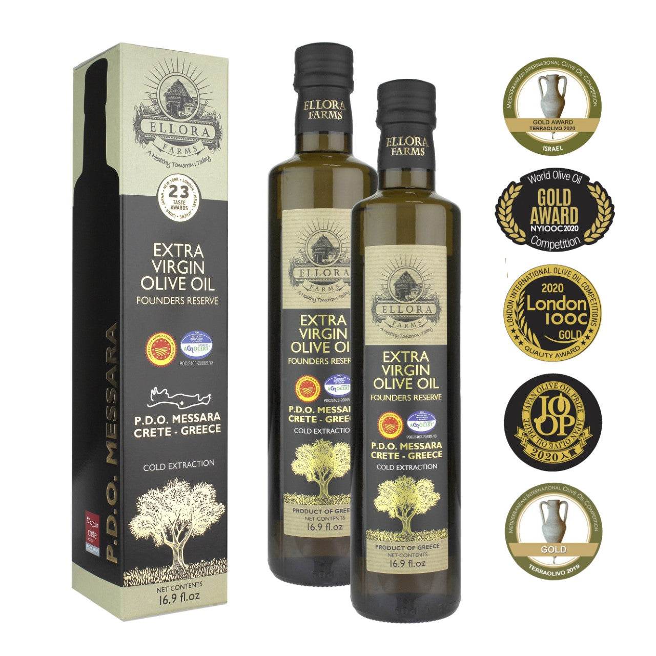 Gold Medal Winner Extra Virgin Olive Oil, Certified PDO Messara Valley Greece, 17 Oz Bottle - ELLORA FARMS