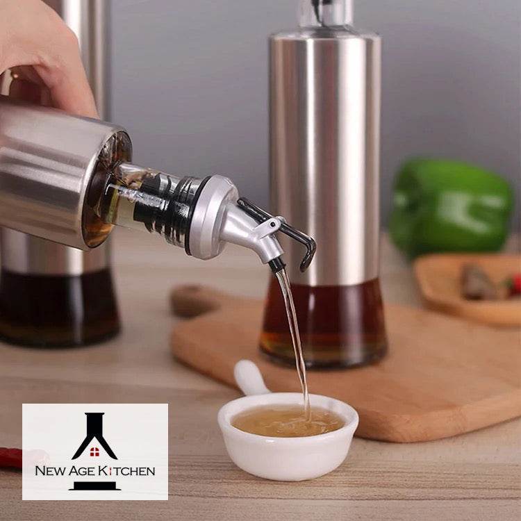 Glass Cruet Bottle, Elegant Stainless Steel Shell casing, large 17 oz (Steel) - ELLORA FARMS