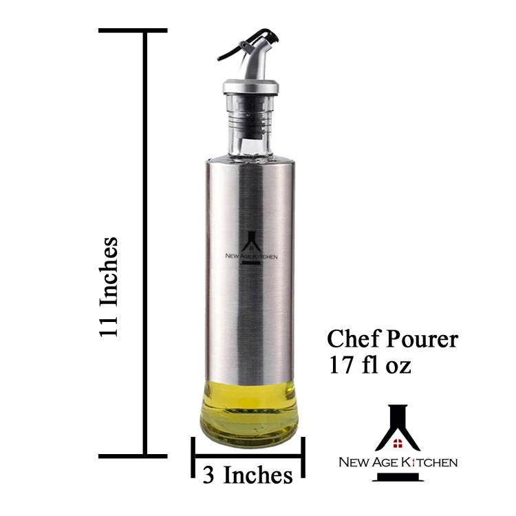 Glass Cruet Bottle, Elegant Stainless Steel Shell casing, large 17 oz (Steel) - ELLORA FARMS