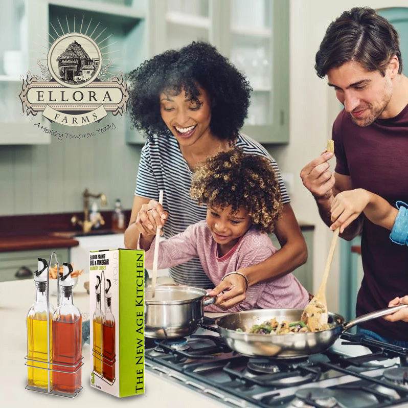 Apollo Chef Cruet Glass Bottle Set, Gravity Pourer, Oil & Vinegar Dispenser, 16 fl oz. X 2 Bottles - ELLORA FARMS