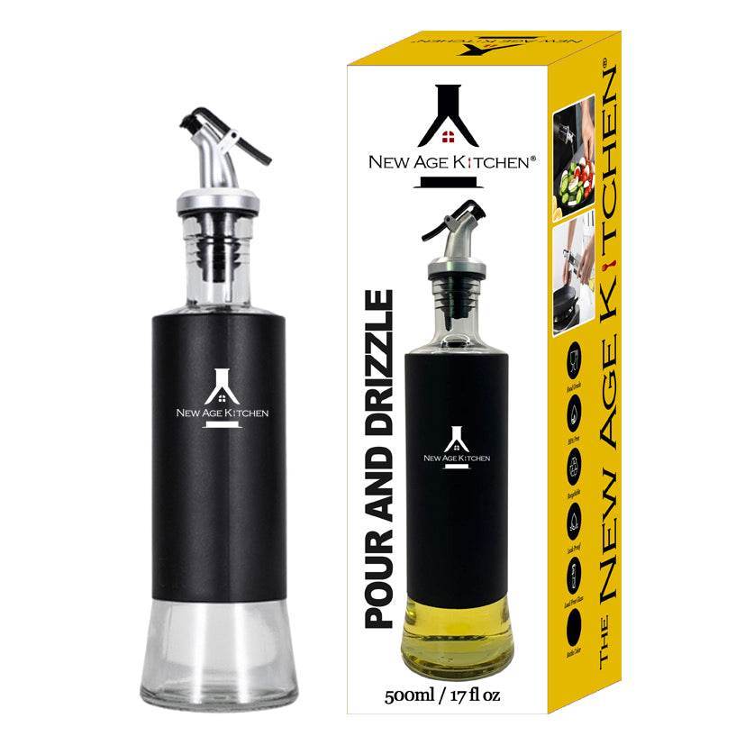 Glass Cruet Bottle, Elegant Stainless Steel Shell casing, large 17 oz (Black) - ELLORA FARMS