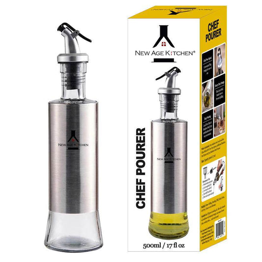Glass Cruet Bottle, Elegant Stainless Steel Shell casing, large 17 oz (Steel) - ELLORA FARMS