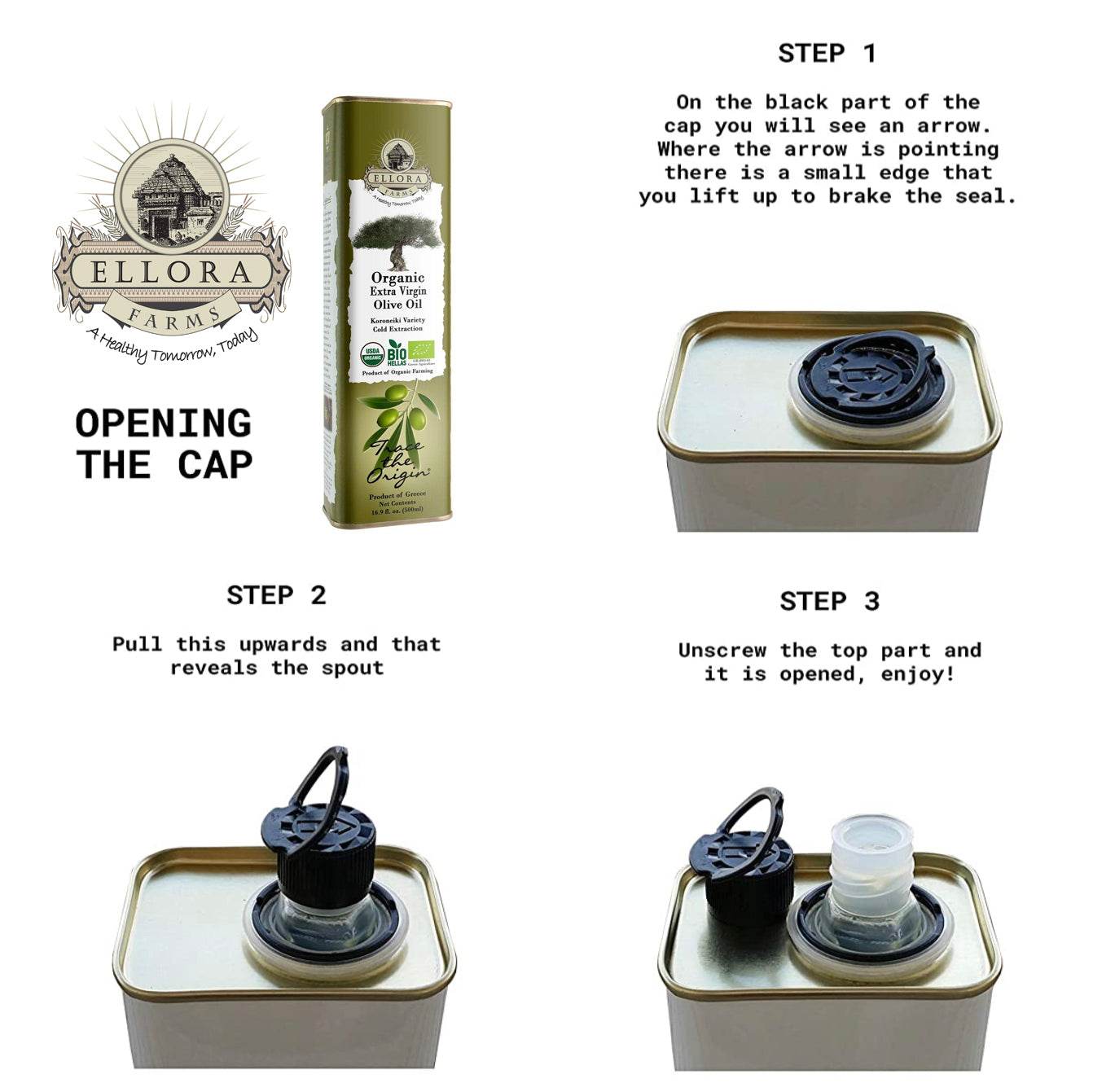 Certified USDA Organic Extra Virgin Olive Oil, Traceable & Single Origin, 16.9 Oz. Tin - ELLORA FARMS