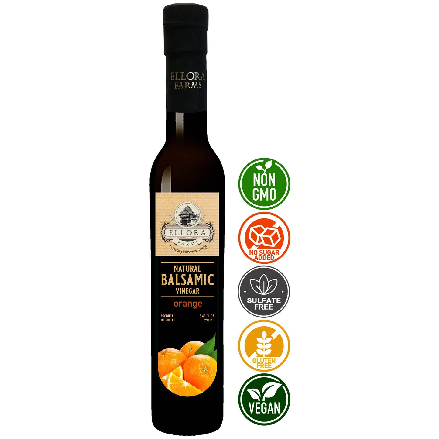 Orange Extract Infused Balsamic Vinegar, Award-Winning, Thick & Smooth, 8.5 oz. - ELLORA FARMS