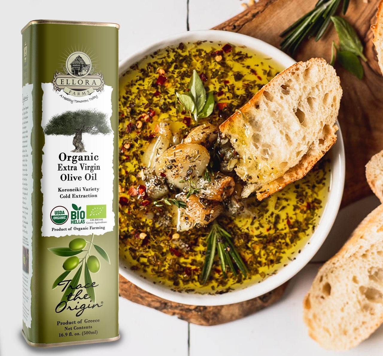 Certified USDA Organic Extra Virgin Olive Oil, Traceable & Single Origin, 16.9 Oz. Tin - ELLORA FARMS