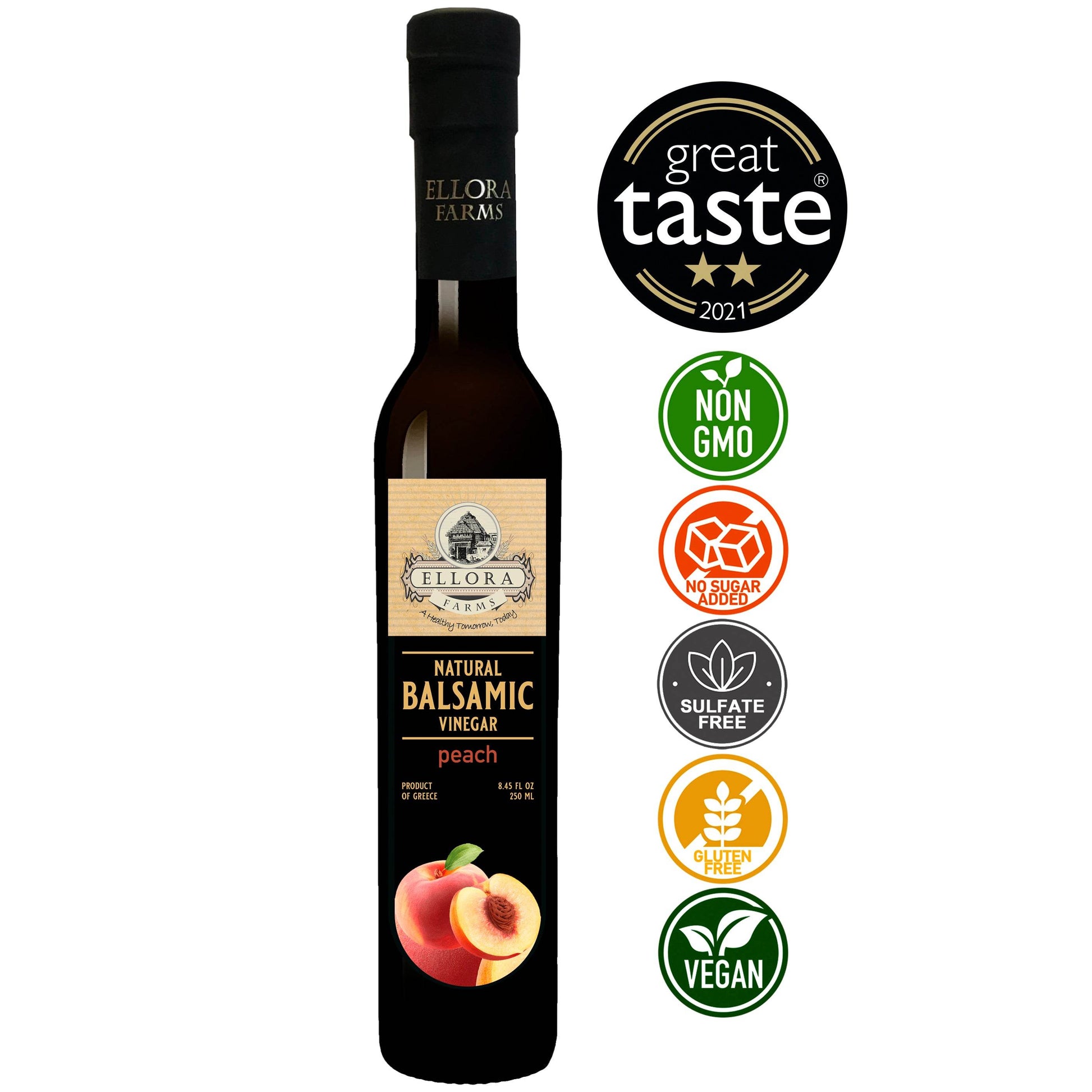 Peach Infused Balsamic Vinegar, Thick & Smooth, Product Of Crete, Greece, 8.5 oz. Each - ELLORA FARMS