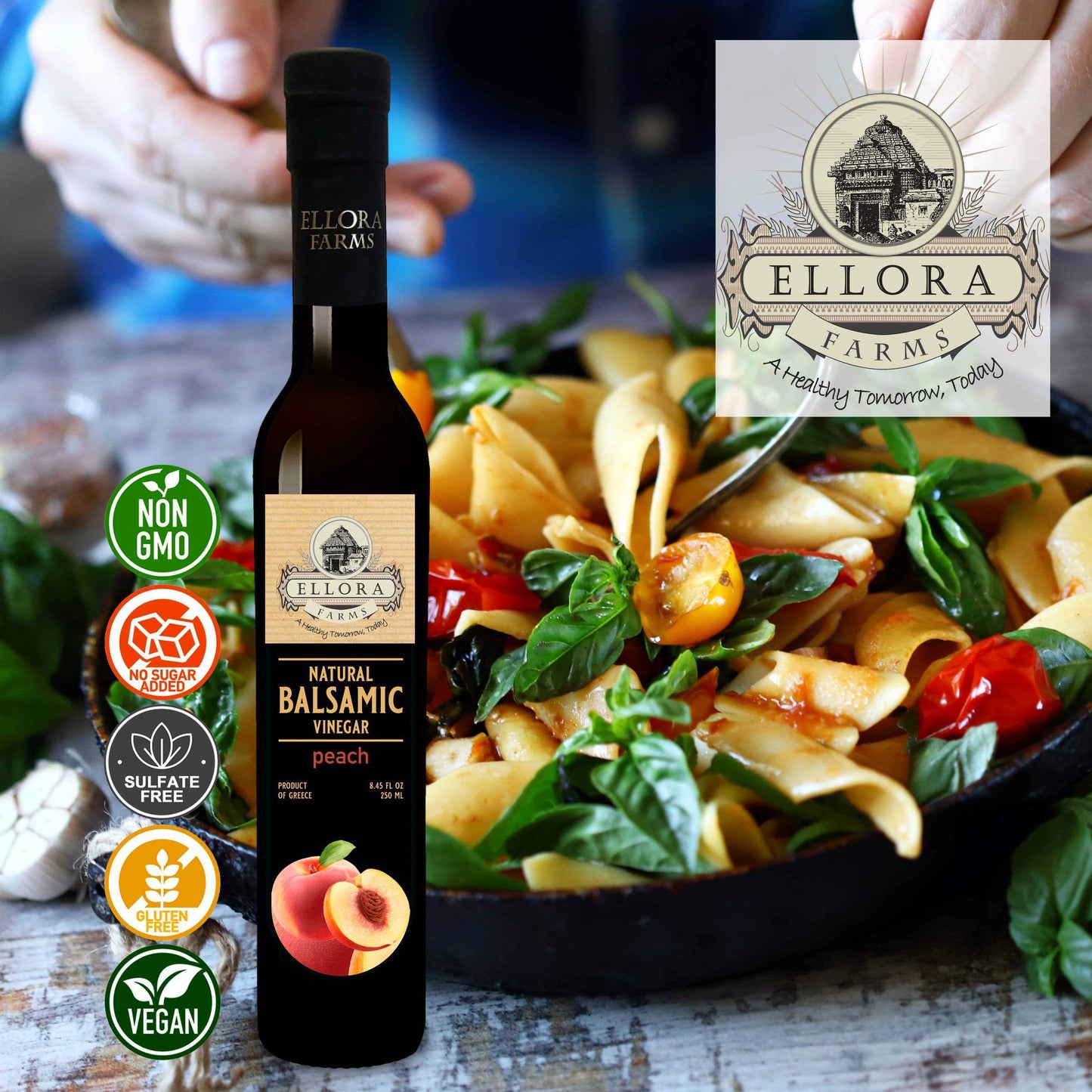 Peach Infused and Natural Plain Balsamic Vinegar, Combo Pack, Greece, 8.5 oz. Each - ELLORA FARMS