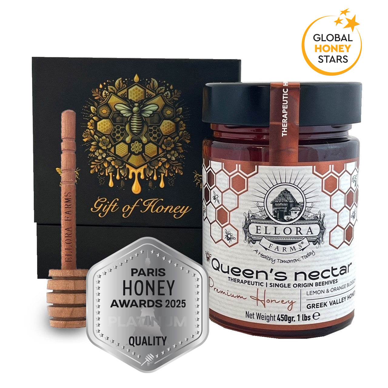 Greek Raw Honey, Queens Nectar, Lemon & Orange Blossom, Therapeutic, 450g CUBE Gift - ELLORA FARMS