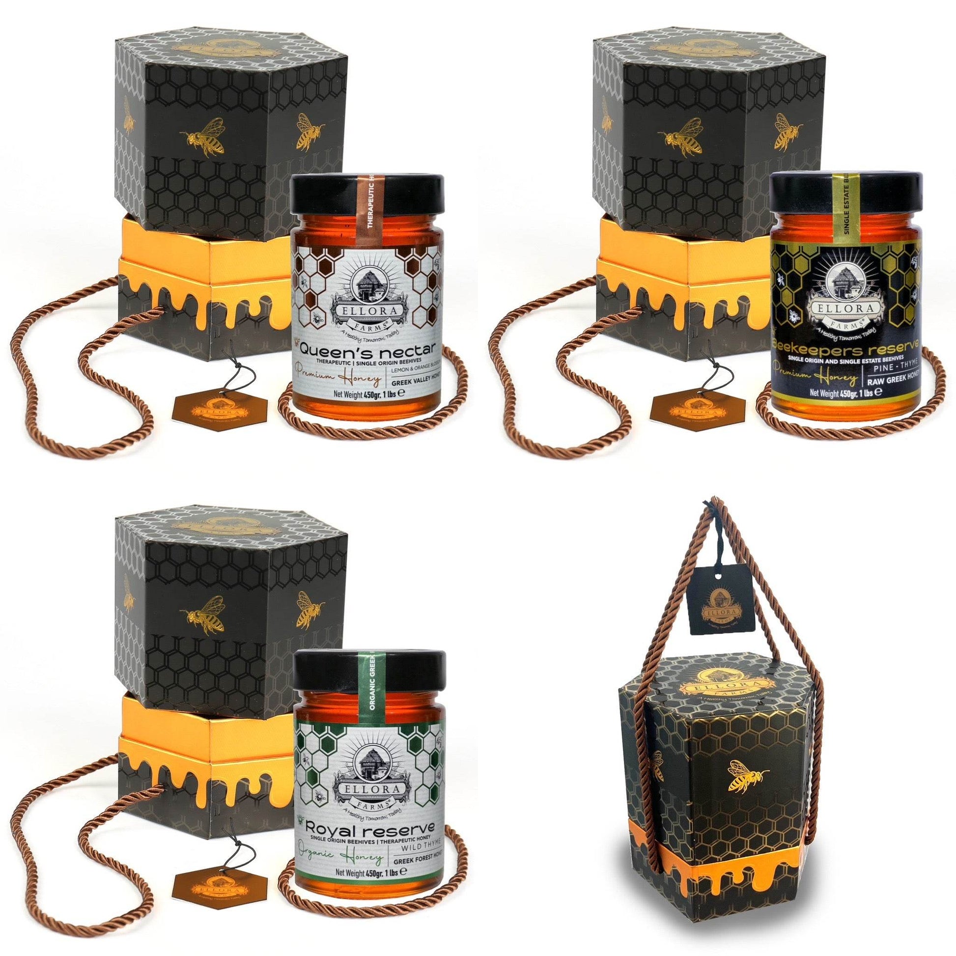 Organic Greek Raw Honey, Royal Reserve, Wild Thyme Gift of Honey, 450g HONEY POT Gift Set - ELLORA FARMS
