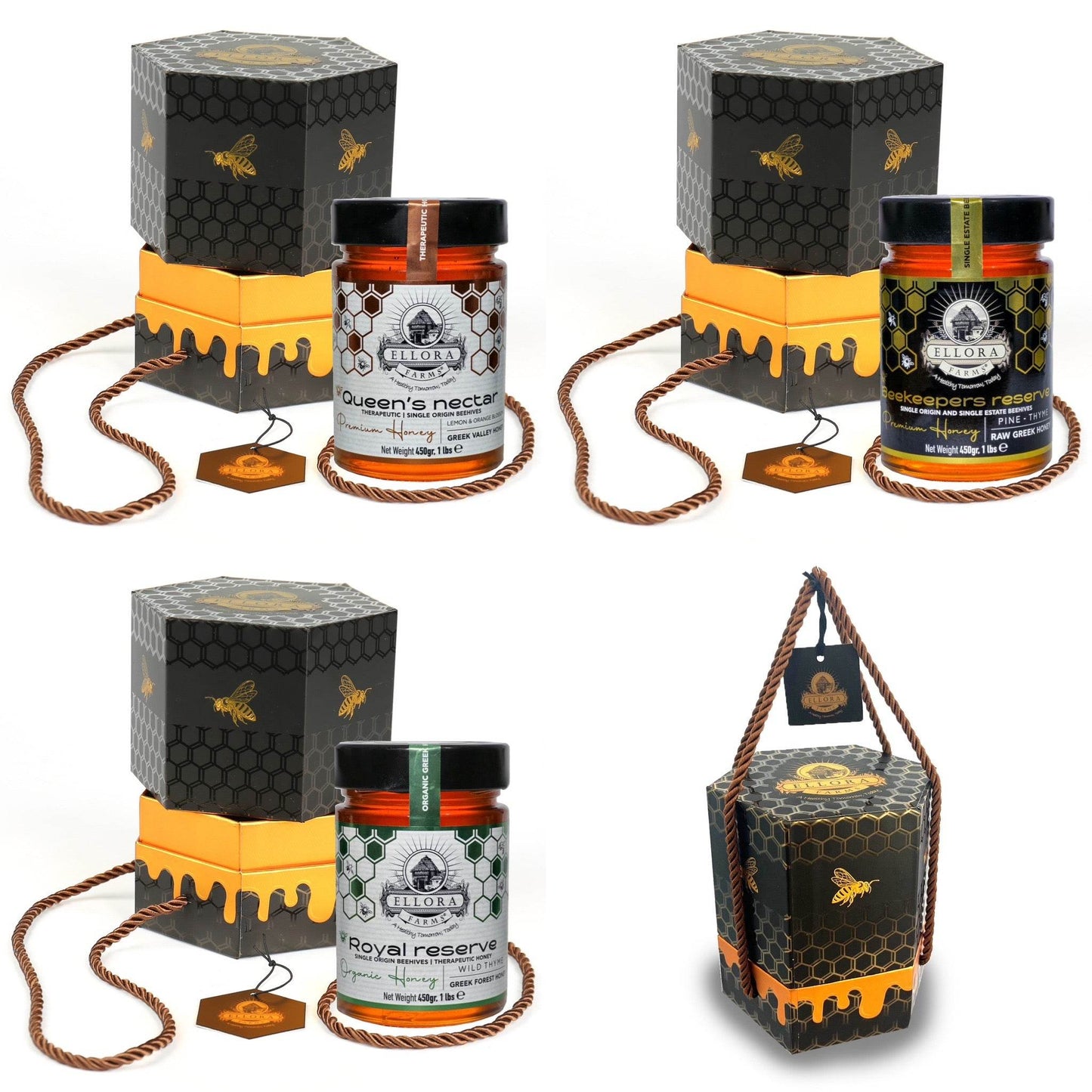 Greek Raw Honey, Queens Nectar, Lemon & Orange Blossom, 450g HONEY POT Gift Set - ELLORA FARMS