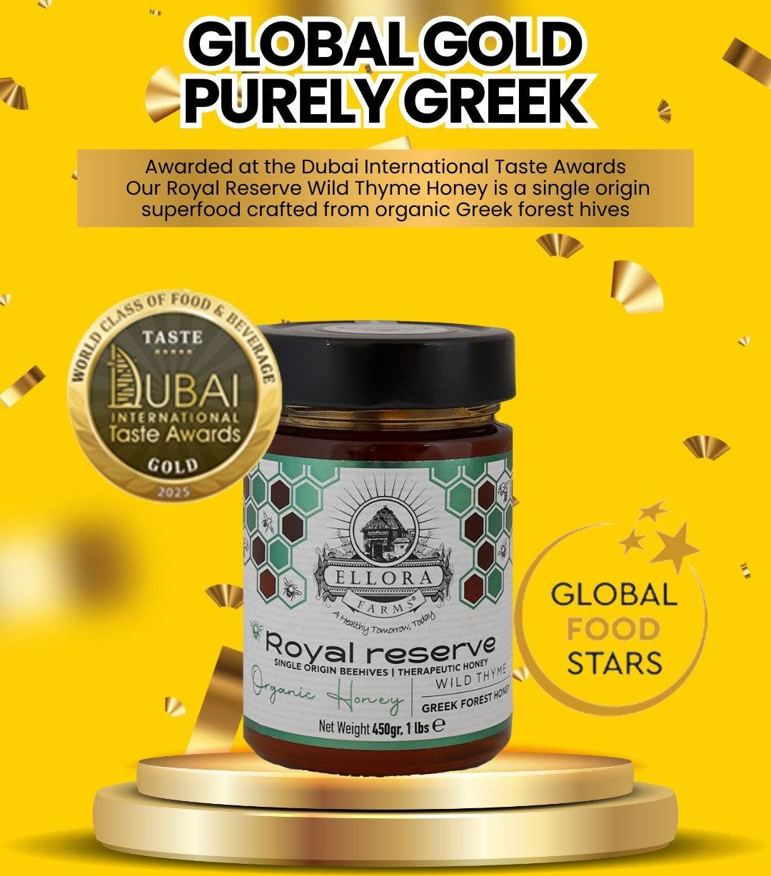 Organic Greek Raw Honey, Royal Reserve, Wild Thyme Gift of Honey, 450g HONEY POT Gift Set - ELLORA FARMS