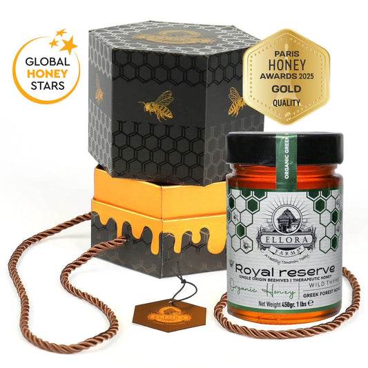 Organic Greek Raw Honey, Royal Reserve, Wild Thyme Gift of Honey, 450g HONEY POT Gift Set - ELLORA FARMS
