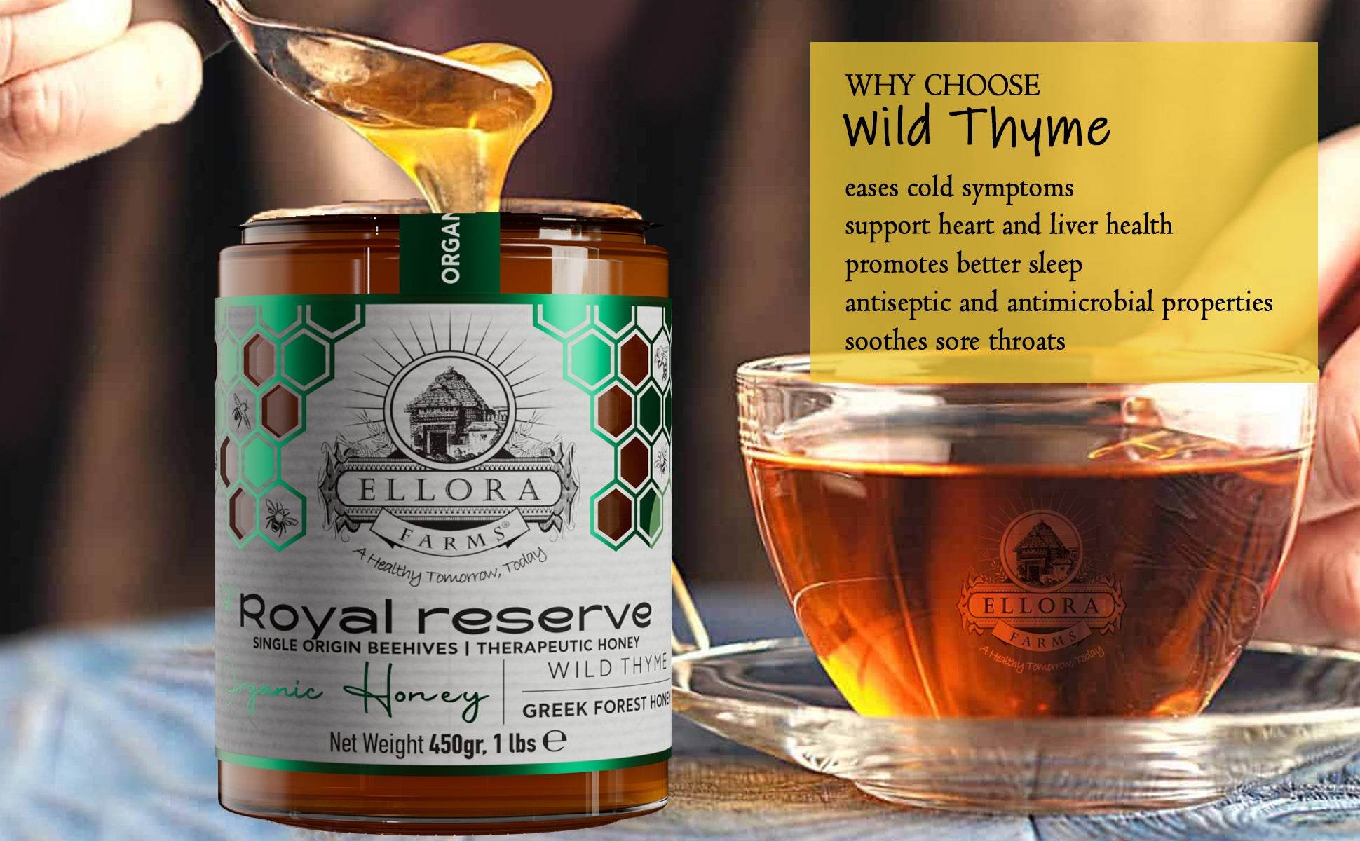 Organic Greek Raw Honey, Royal Reserve, Wild Thyme Gift of Honey, 450g - ELLORA FARMS