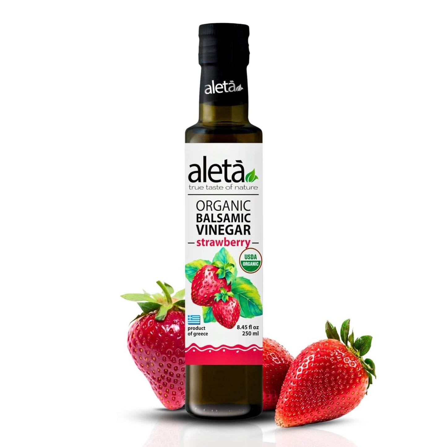 Aleta Organic, Strawberry Infused Balsamic Vinegar, Glass Bottle, 8.45 oz.