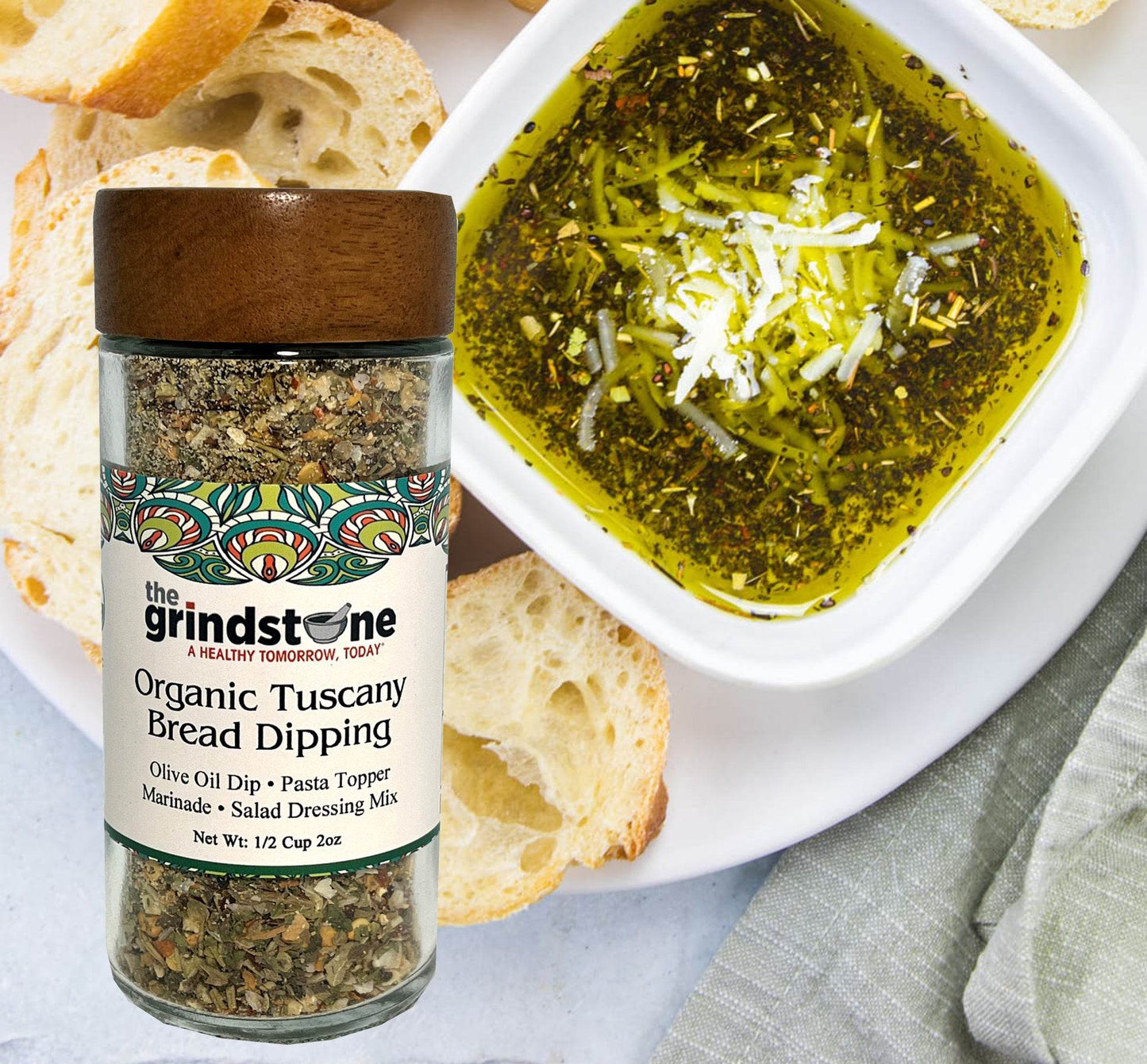 Organic Tuscany bread dipping mix, Perfect for extra virgin olive oil, 2 oz. glass bottle with sifter, Pack of 2 - ELLORA FARMS