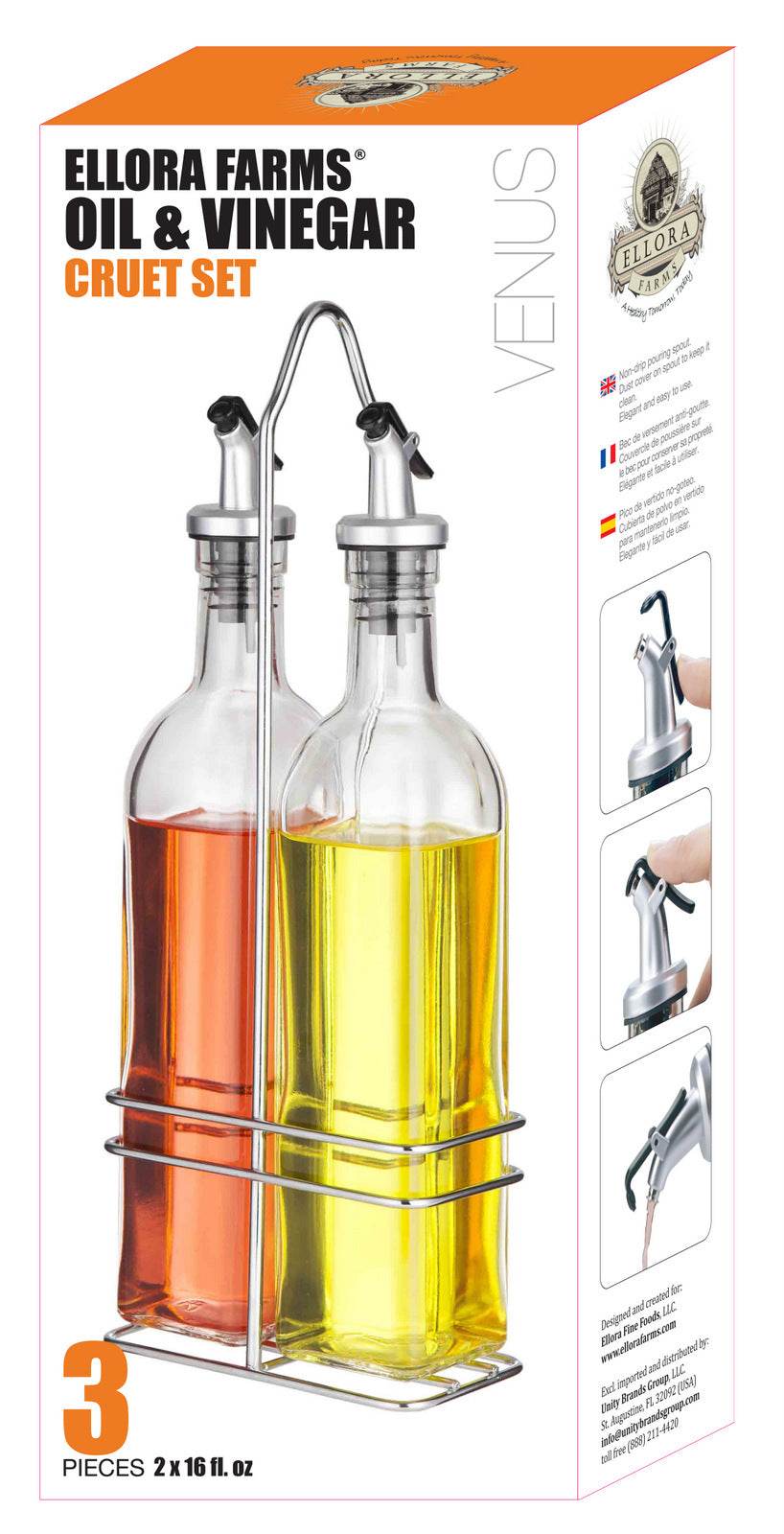 Venus Chef Cruet Glass Bottle Set, Oil & Vinegar Dispenser, 16 fl oz. X 2 Bottles - ELLORA FARMS
