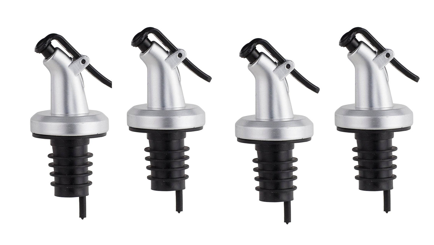 ELLORA FARMS set of four silver and black bottle pourer spouts with snap-on lids for oil and vinegar bottles.
