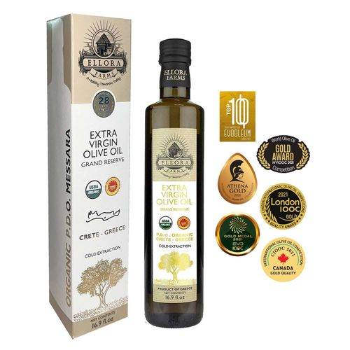 Global Award Organic PDO Extra Virgin Olive Oil, Single Estate Messara Valley Greece, 17 Oz Bottle - ELLORA FARMS