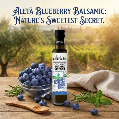 Aleta Organic, Blueberry Infused Balsamic Vinegar, Glass Bottle, 8.45 oz.
