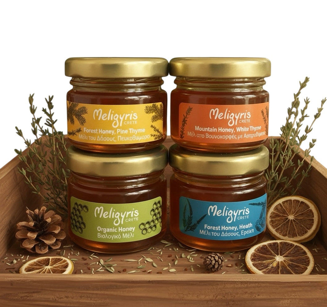 Meligyris Greek Honey Gift Set, 4 Varieties Pack with Mountain Honey, Pine Thyme, Forest Honey Heath, Organic Honey, 30g each Jar